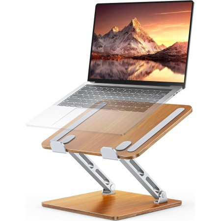 Niweya Ergonomic Laptop Stand, Wood & Aluminum Computer Stand with Adjustable Angle, Foldable Dual-Bar Laptop Riser Holder Stand for Desk, Compatible with MacBook, Dell, HP 10-16"" (Royal Teak Grain) Niweya Ergonomic Laptop Stand, Wood & Aluminum Computer Stand with Adjustable Angle, Foldable Dual-Bar Laptop Riser Holder Stand for Desk, Compatible with MacBook, Dell, HP 10-16"" (Royal Teak Grain)